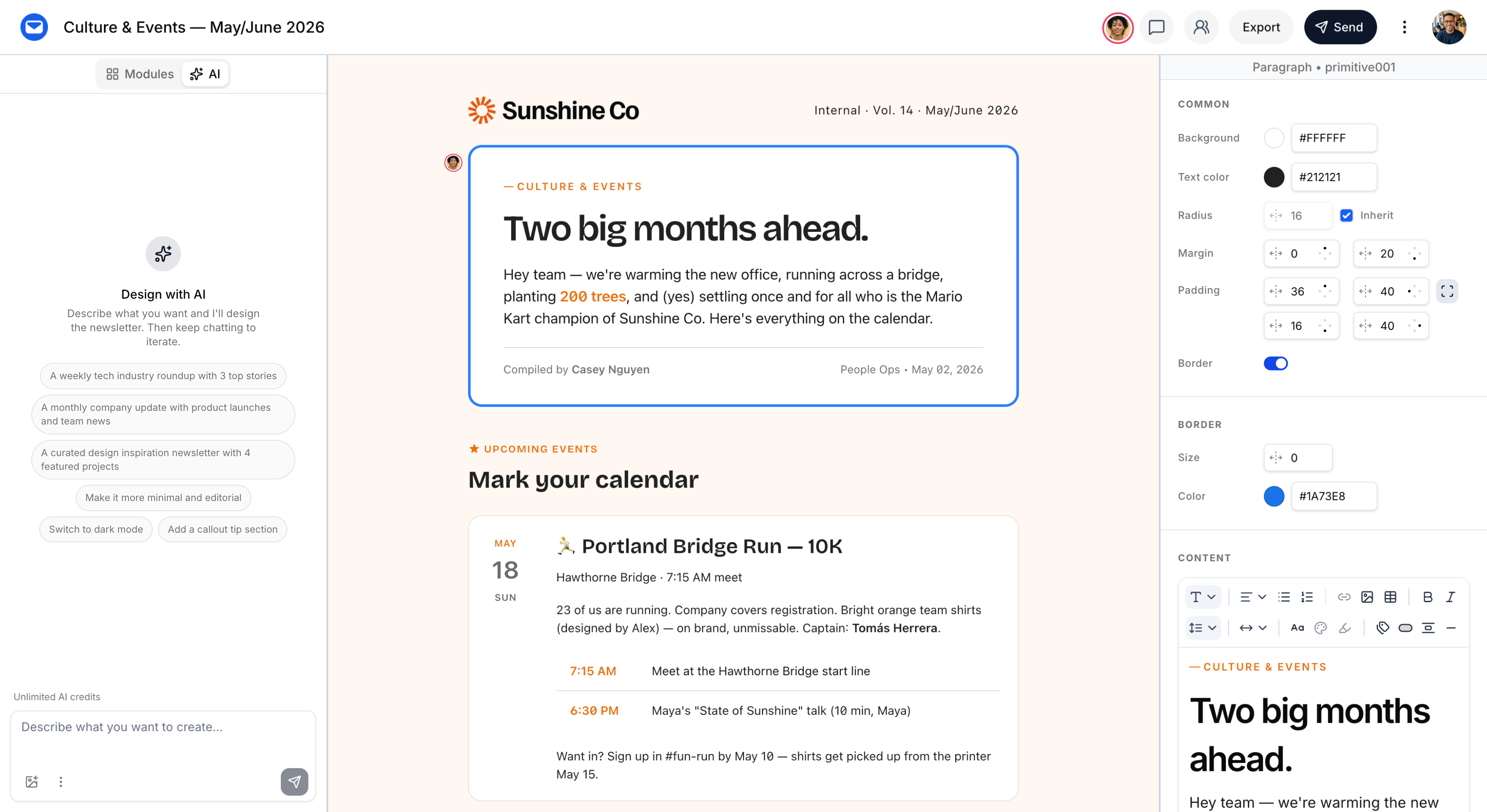 Newsletters AI-powered internal newsletter editor — showing a real-time collaborative company newsletter design workspace