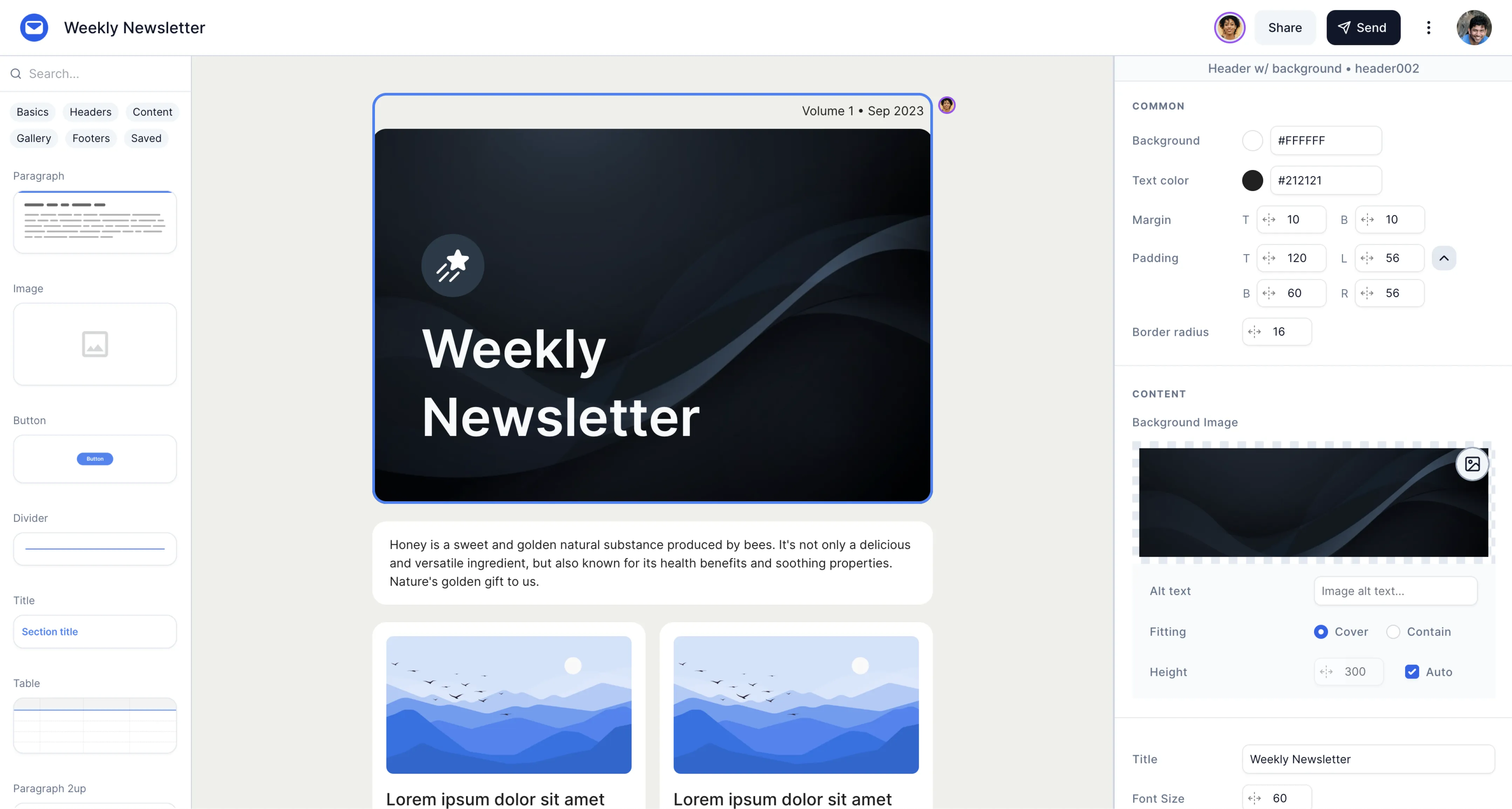 UseNewsletters.com drag-and-drop newsletter editor showing a real-time collaborative email design workspace