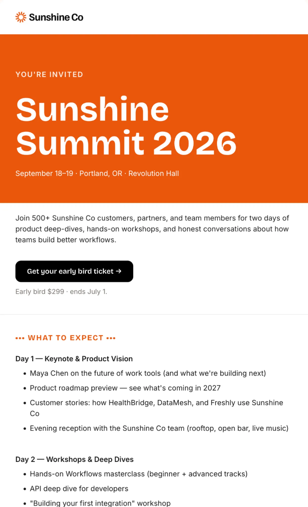 Modern email newsletter template featuring bold typography and image sections